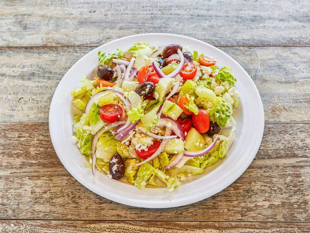 Greek salad · Romaine lettuce, baby tomatoes, cucumber, red onion, feta cheese, olives. Balsamic dressing.
