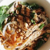 Dinner Bun Ga Nuong · Grilled chicken breast with vermicelli, peanuts, and lime dressing.