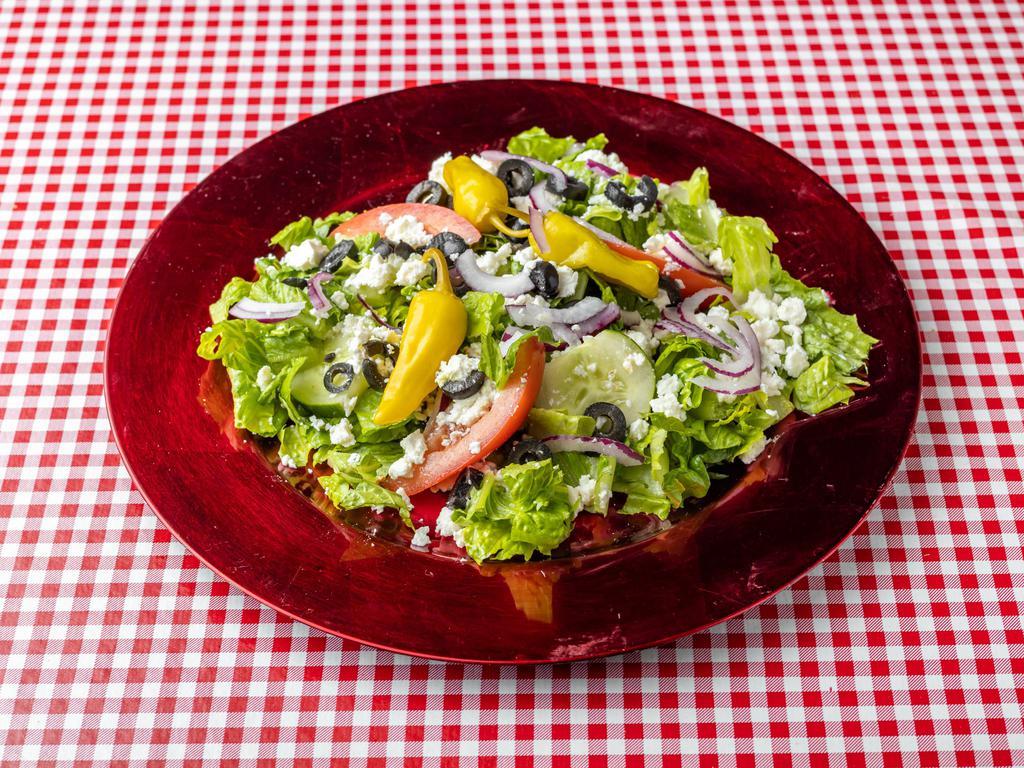 Greek Salad · Tomatoes, cucumber,red onion,pepperoncini, feta cheese,olives,lettuce