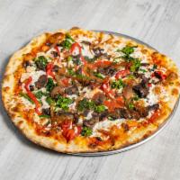 Pizza Primavera · Mushroom, roasted pepper, onions, broccoli rabe, mozzarella and tomato sauce.