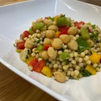 Mediterranean Chickpea Salad · Chickpea, cucumbers, tomatoes, red onion, olive oil, lemon, and spices