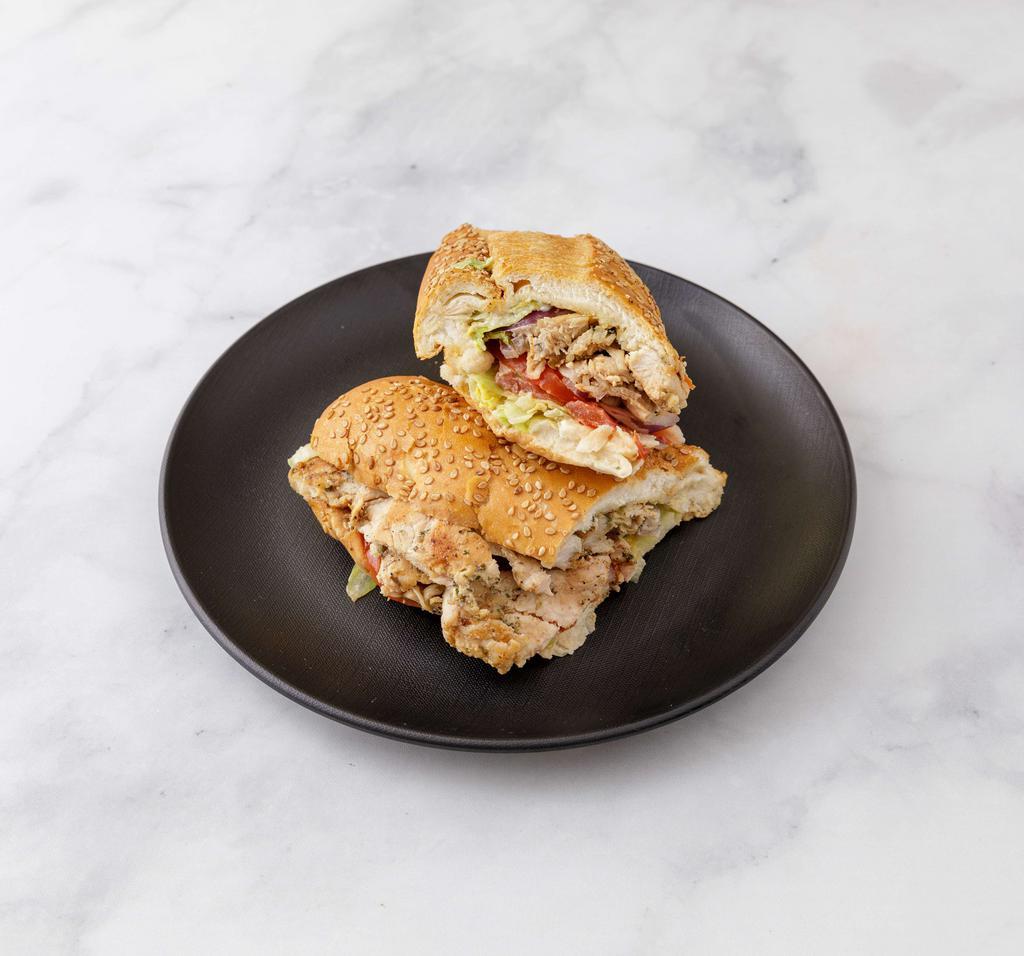 Grilled Chicken Cutlet Hot Hero · Comes with peppers and onions.