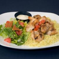 Grilled Chicken Shish Kebob Platter · White Breast chicken with Barbecue seasoning grilled and served over Basmati rice with Green...