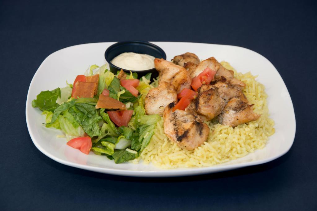 Grilled Chicken Shish Kebob Platter · White Breast chicken with Barbecue seasoning grilled and served over Basmati rice with Green salad and Tzatziki Sauce. HALAL Meat. Creamy Garlic Sauce in a side container.