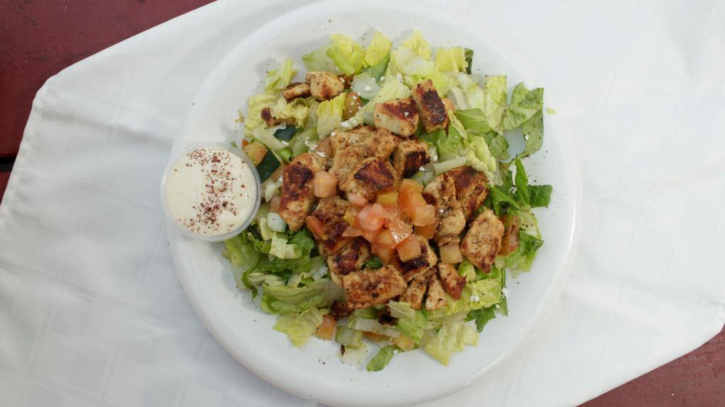 Grilled Chicken Shish Kebob over Salad · White Breast chicken with Barbecue seasoning grilled and served over Mixture of chopped  lettuce, tomatoes, cucumbers mixed with our house Mediterranean dressing. Comes with Creamy Garlic Sauce on the side.