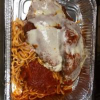 Chicken Cutlet Parmesan · Topped with homemade tomato sauce and melted mozzarella cheese.