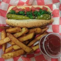 Chicago Style Hot Dog · A plump frank on a poppy seed bun with mustard, relish, tomato, sport peppers and dash of ce...