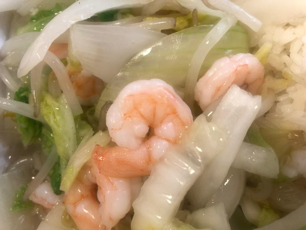 43. Shrimp Chow Mein · Served with white rice and crispy noodle.