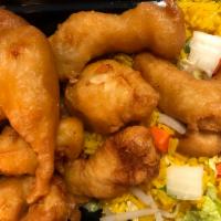 C10. Sweet and Sour Chicken Combination Platter · Served with choice of fried rice and an egg roll.