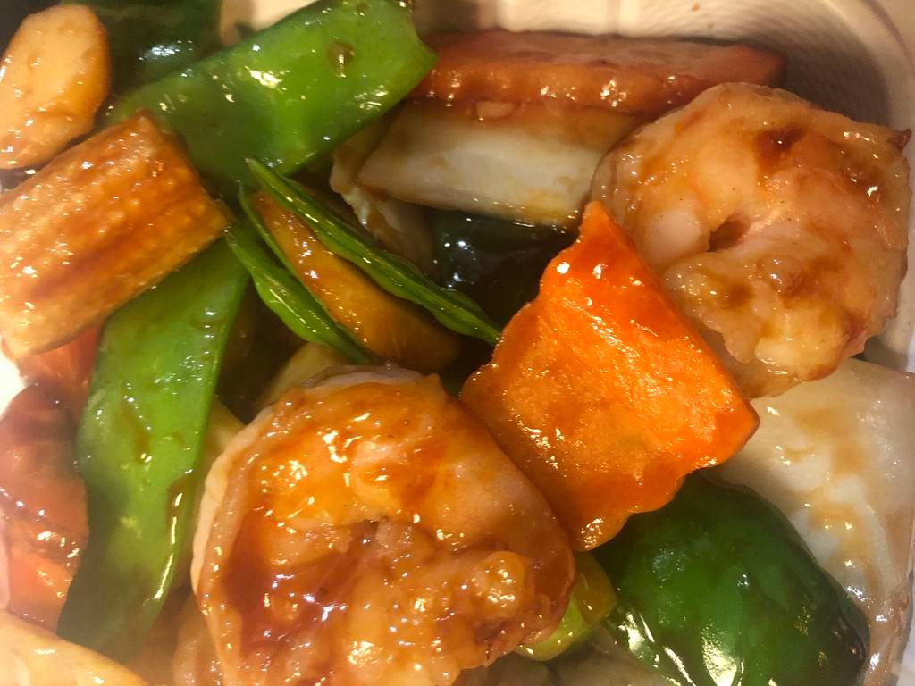 122. Shrimp with Chinese Vegetables · Served with choice of rice.