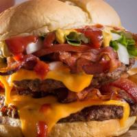 Double Bacon Burger · Hold the bacon, said no 1 ever. Our wayback classic topped with four slices of crispy bacon ...