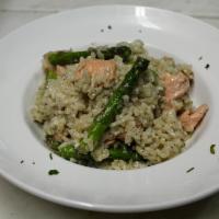 Risotto Salmone · Arborio rice, salmon, asparagus, in a light cognac sauce.