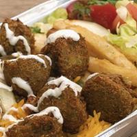 Falafel Plate  · 5 Falafel Balls, Rice, Lettuce, Tomatoes and your choice of Sauce
or get the MIMI Plate 3 fa...