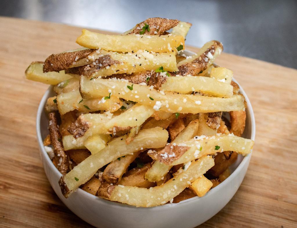Hand Cut Fries · Served with garlic-grated Parmesan cheese.