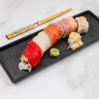 Rainbow Roll · California roll with 5 kinds of assorted fish on top.