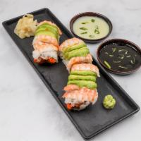 Tiger Roll · Spicy tuna, cucumber, avocado and shrimp on the top with special sauce.