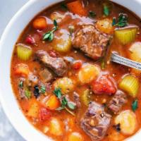 Beef Stew · Flour, pepper, beef stew meat, beef bouillon cubes, potatoes, carrots, green pepper, celery,...