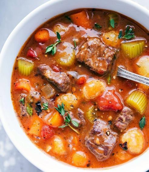 Beef Stew · Flour, pepper, beef stew meat, beef bouillon cubes, potatoes, carrots, green pepper, celery, onion, and bay leaves.