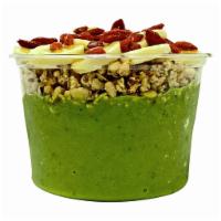 Green Bowl · Spinach, kale, pineapple, mango, banana, 100% apple juice and honey. Topping: hempseed grano...