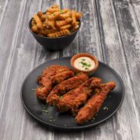 Chicken Strips Basket Dipped · 4 lightly breaded fried chicken tenderloins. Served with seasoned fries and a side of honey ...