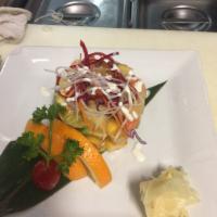 Seafood Cake · Avocado, scallops, mango and crab meat.