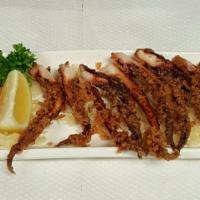 Ika Geso Kara Age · Fried squid legs.