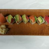 Rainbow Roll · Avocado, cucumber and Japanese marinated squash top with three kinds of fish.