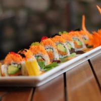 Diablo Roll · Spicy tuna, cucumber and avocado with spicy crabmeat and tobiko.