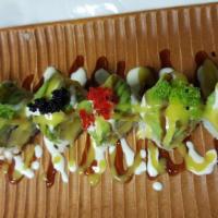 Midori Roll · Eel and mango topped with avocado and masago.