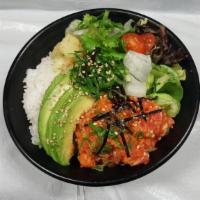 Spicy Tuna Poke Bowl · Spicy tuna poke with seaweed, avocado, ginger and mix salad over sushi rice. miso soup.