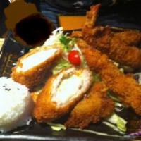 Hana Michi Combination · Served with tonkatsu sauce, miso soup, rice, cabbage salad w/ginger dressing and japanese cu...
