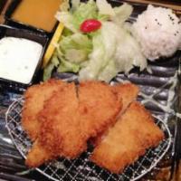 Fish Katsu · Deep-fried fish fillet katsu with rice, miso soup, cabbage salad w/ginger dressing and japan...