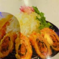 Kimchi and Cheese Pork Katsu · pork cutlet fill in mozzarella cheese and kimchi comes with rice, miso soup, cabbage salad w...