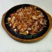 Okonomiyaki Seafood · Japanese style hot-plate pizza with seafood.