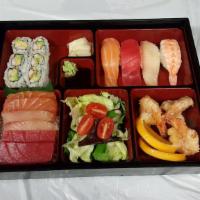 Sushi and Sashimi Bento · mix salad w/ ginger dressing, 6pcs sashimi, 4pcs sushi,3pcs fried shrimp and California roll.