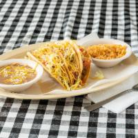 3 Tacos Plate · 3 corn or crispy tacos with your choice of meat served with rice, beans. Flour tortilla for ...