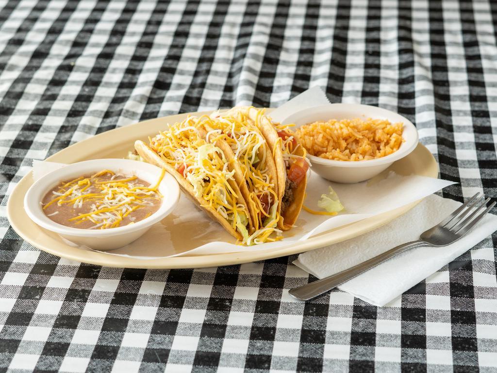 3 Tacos Plate · 3 corn or crispy tacos with your choice of meat served with rice, beans. Flour tortilla for an additional charge.