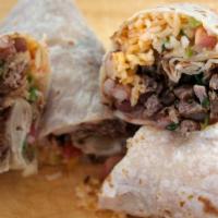 Burrito · Choose your meat comes with rice and beans cilantro onions and red salsa