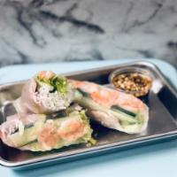 Shrimp and Pork Spring Rolls · 2 spring rolls with vermicelli noodles, cucumber, lettuce, carrots, sliced shrimp, and pork ...