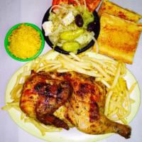 Greek Chicken Dinner · Charbroiled, oreganato-style half  chicken topped with our garlicky, luscious lemon sauce. S...