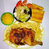 Greek Chicken (Oreganato) Dinner  (Half Chicken (4 pieces) · Generous, charbroiled half-chicken topped with our signature lemon sauce. Served with Greek ...
