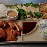 Chicken Katsu Bento · Chicken Katsu, 4pc Fried Gyoza, House Salad, Rice, 8pc California Roll