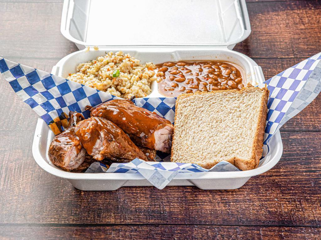 Mardi-Gras Chicken Plate · 4 pieces of chicken 2 sides bread and sauce.