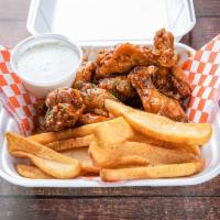 8 pieces Hot Wings with Fries · Your choice of our home made Diablo and Frank's or our Sweet Honey mustard sauce.