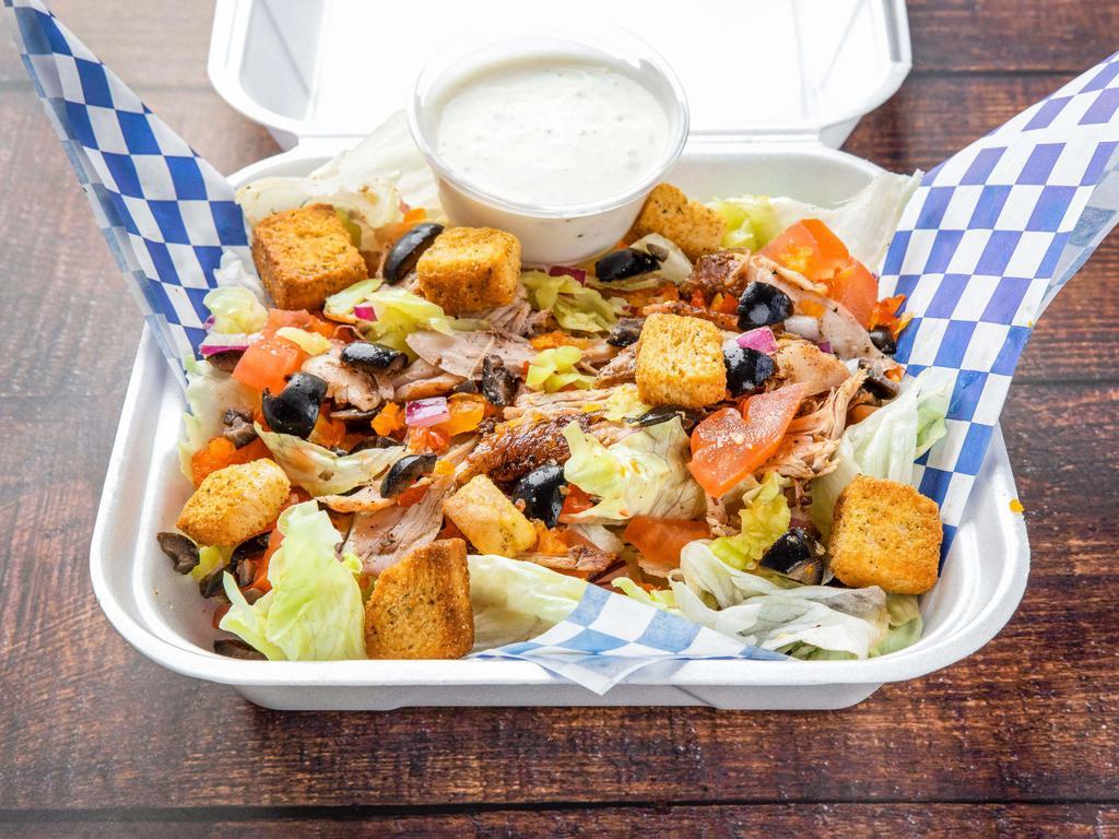 Loaded smoked Mardi-gras chicken salad · Mardi-gras Chicken, lettuce, tomato, red onions, peperoncini, hard boiled egg, black olives, croutons choice of ranch or our house dressing.