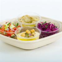 Mezze platter - 4 homemade small salads · Hummus & tahini, baba ganoush, zesty chopped salad, red cabbage and herbs