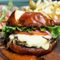 Om Burger · Seared impossible meat, roasted poblano pepper, charred onion, coconut cheese, green leaf, t...