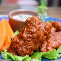 Chik'n Wings · Chile arbol BBQ sauce, soy protein, carros and celery, house herbed aioli. Nut free. 