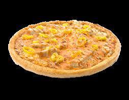 Buffalo Ranch Chicken Pizza · Ranch and buffalo style hot sauce base, grilled chicken strips, Parmesan cheese, banana peppers and gourmet cheese blend.