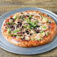 Garden Veggie Meister Pizza · Tomato sauce, mushrooms, green peppers, onions and black olives.